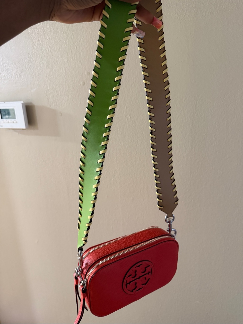 Tory Burch Red Crossbody with Green and Tan Wide Strap